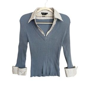 Vintage Y2k Tracy M Silk Ribbed V-Neck Polo Sweater Layered Preppy Academia Prep
